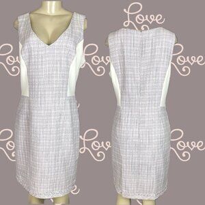 WHBM 14 Gray-Lilac Tweed Fringe Trim Hem V-Neckline Sleeveless Above Knee Dress